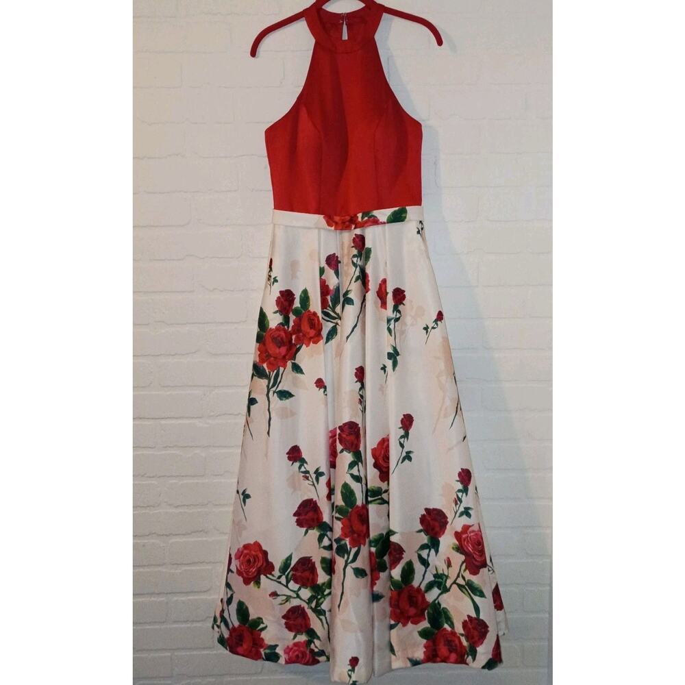 Red Rose Gown Women Satin Dress Sz 10 Floral Milano Formals Retro Elegant Spring